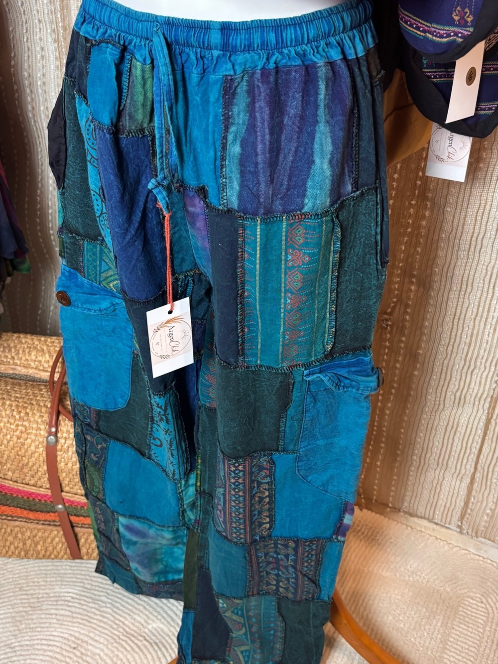 Bohemian Patchwork Maxi Pants in Teal Blue